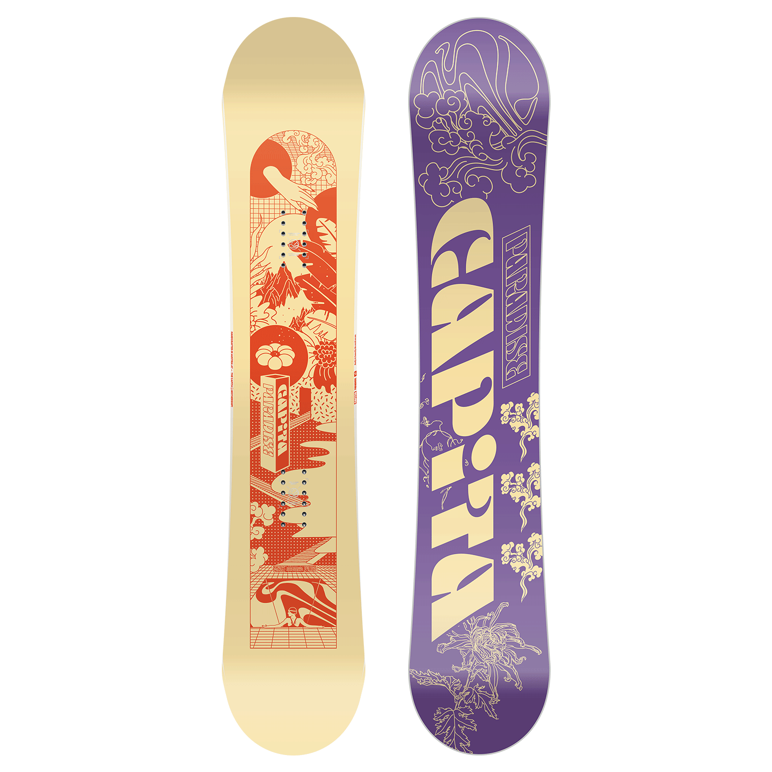 2024 capita snowboards Indoor Survival Snowboard Designed with FSC Certified Poplar in the core along with a special blend fiber glass and MAGIC BEAN tech that includes extra strength and power so you can freestyle like a pro Capita Women's Paradise Snowboard 2024