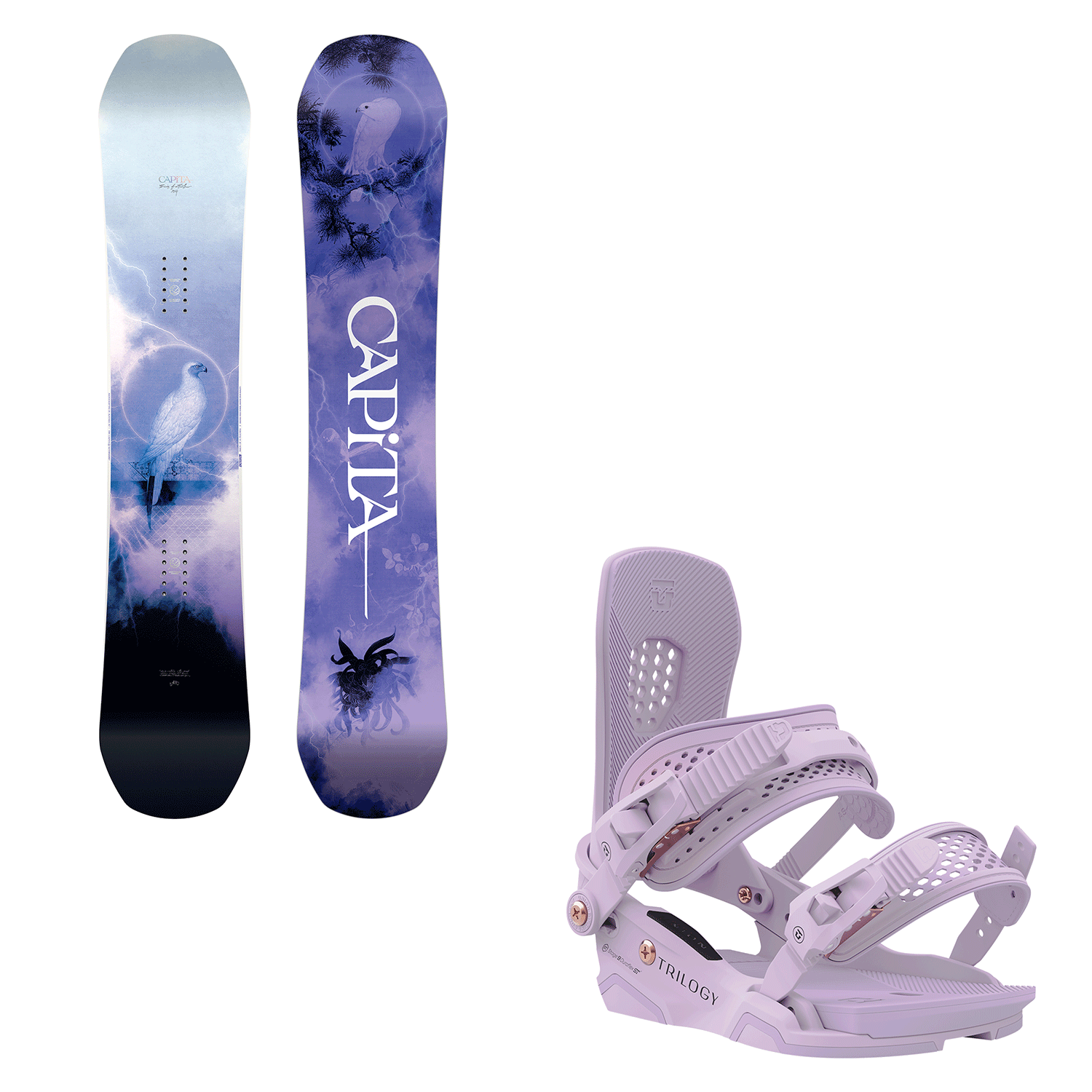 Capita Women's Birds Of A Feather Snowboard 2024 + Union Trilogy Bindings  2024 (Lilac) Package