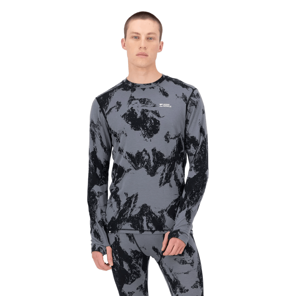 Mons Royale Men's Cascade Merino Long Sleeve Base Layer 2026 Mountain Pixel Grey - Comor - Go Play Outside