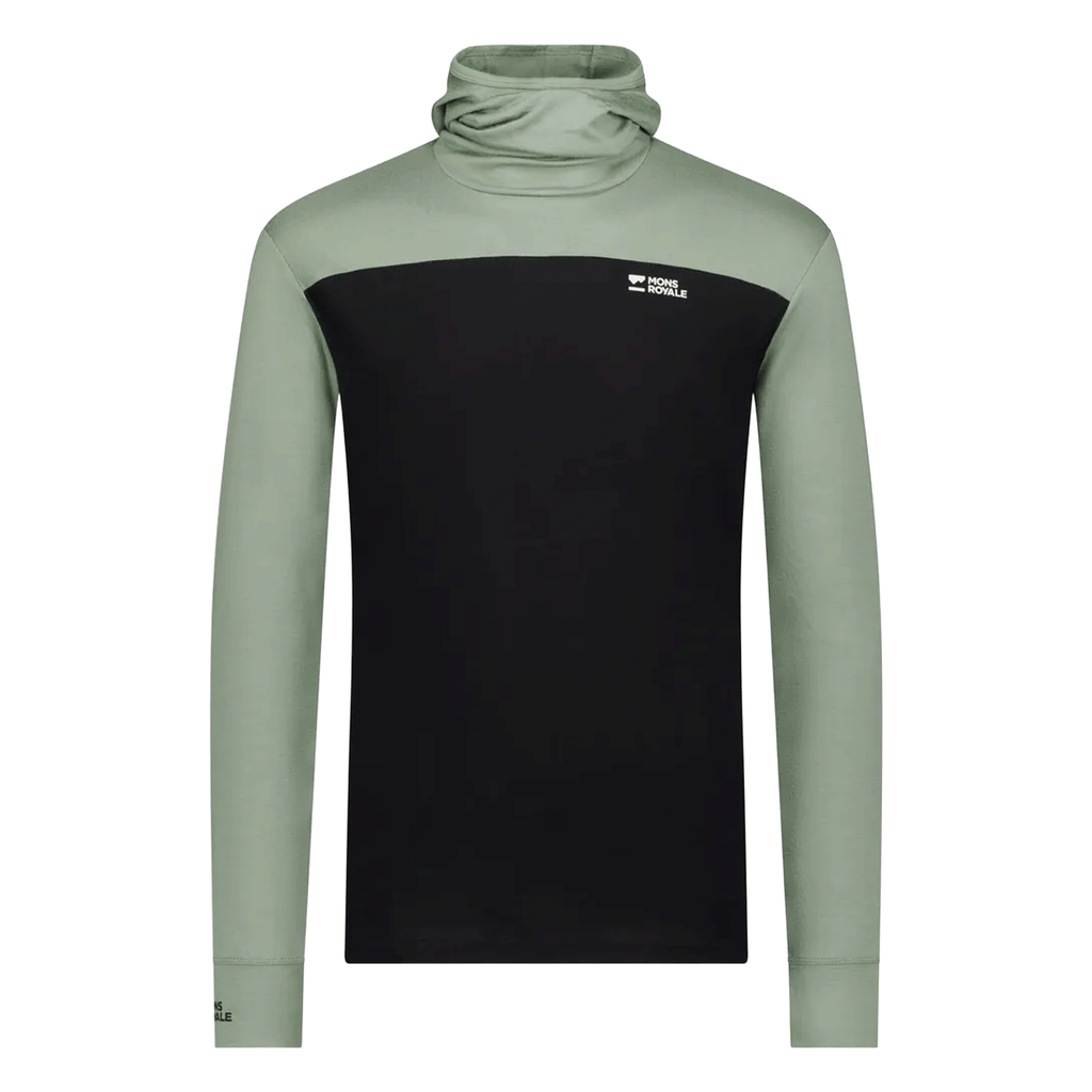 Mons Royale Men's Yotei Merino Powder Long Sleeve Hood 2026 Willow/Black - Comor - Go Play Outside