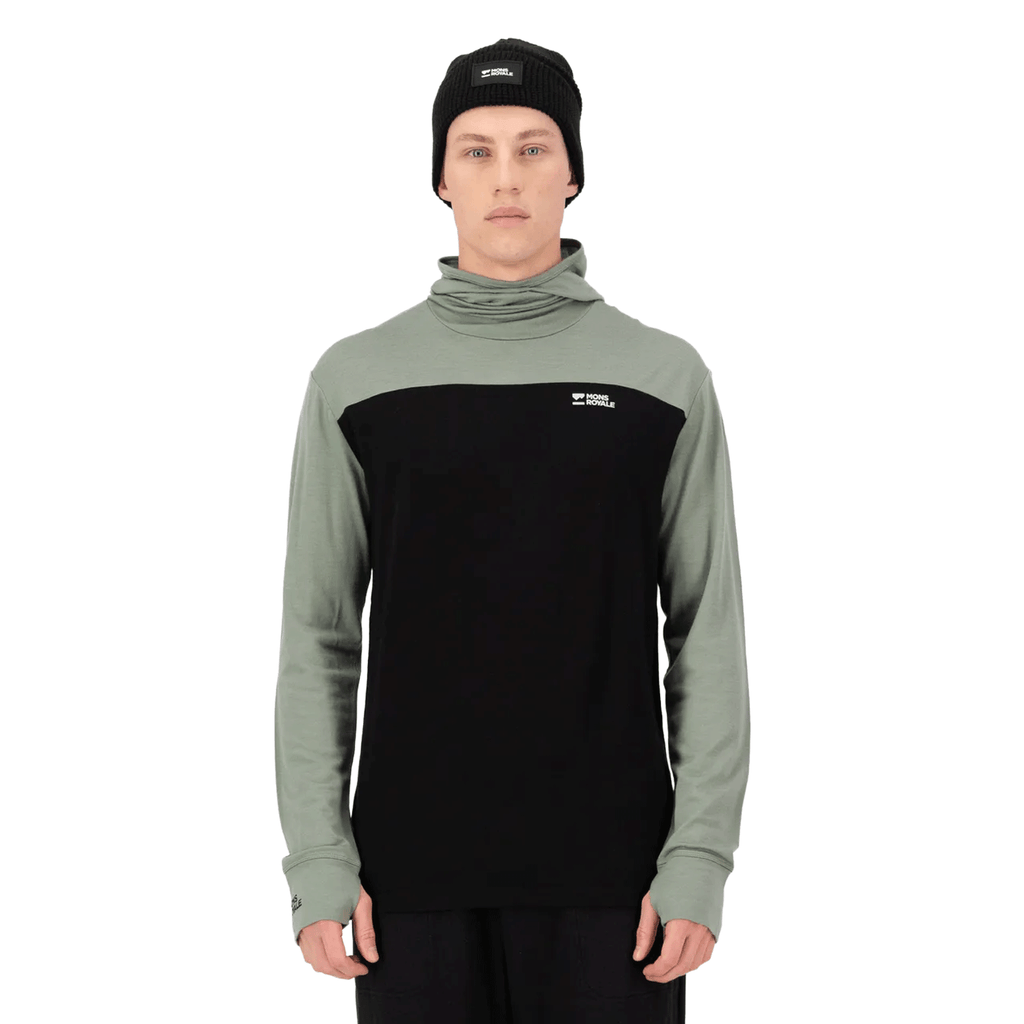 Mons Royale Men's Yotei Merino Powder Long Sleeve Hood 2026 Willow/Black - Comor - Go Play Outside