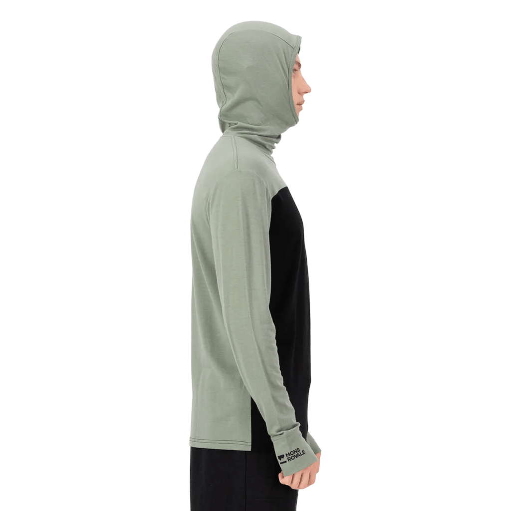 Mons Royale Men's Yotei Merino Powder Long Sleeve Hood 2026 Willow/Black - Comor - Go Play Outside