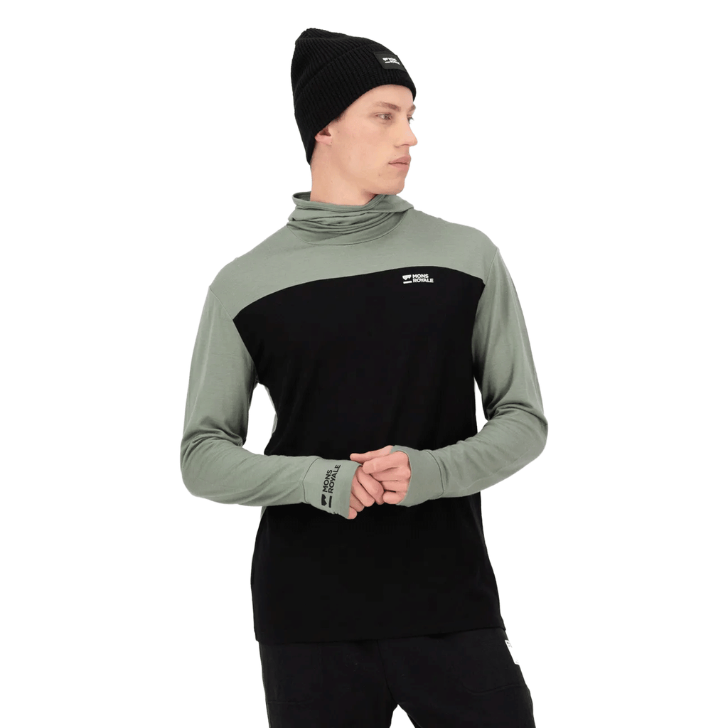 Mons Royale Men's Yotei Merino Powder Long Sleeve Hood 2026 Willow/Black - Comor - Go Play Outside