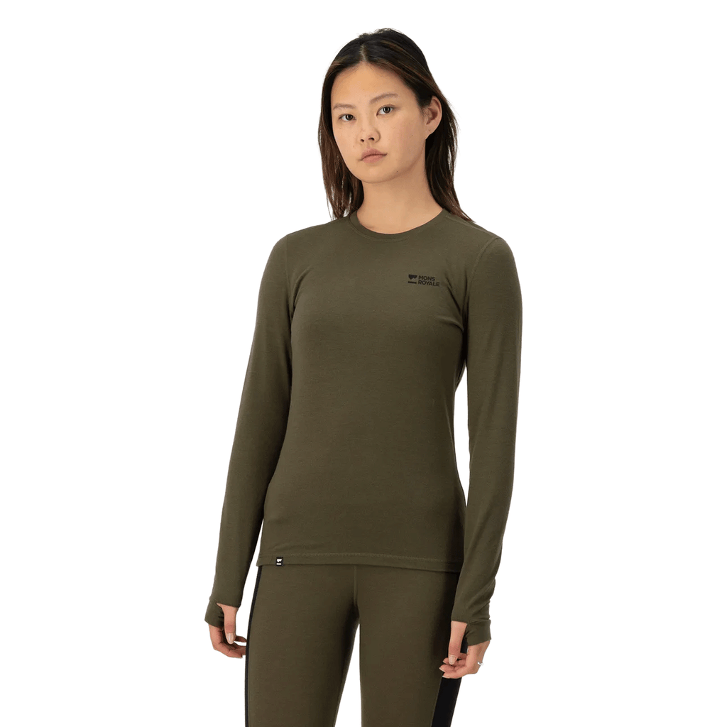 Mons Royale Women's Cascade Merino Long Sleeve Base Layer 2026 Dark Olive - Comor - Go Play Outside
