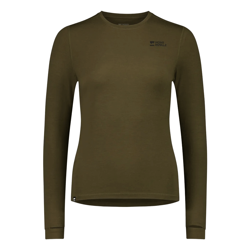 Mons Royale Women's Cascade Merino Long Sleeve Base Layer 2026 Dark Olive - Comor - Go Play Outside