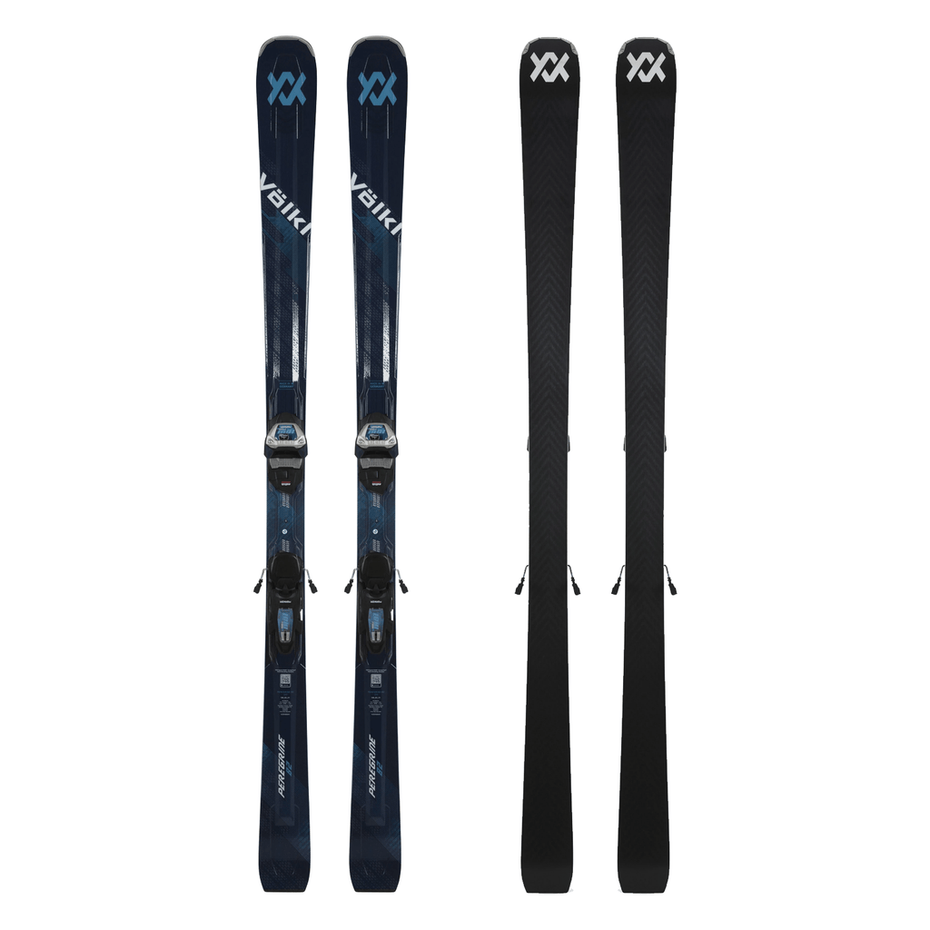 Two pairs of skis with bindings on a white background